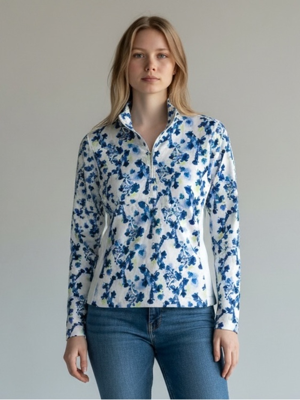 Lady Hagen blue floral print long sleeve quarter zip activewear top. Size XS